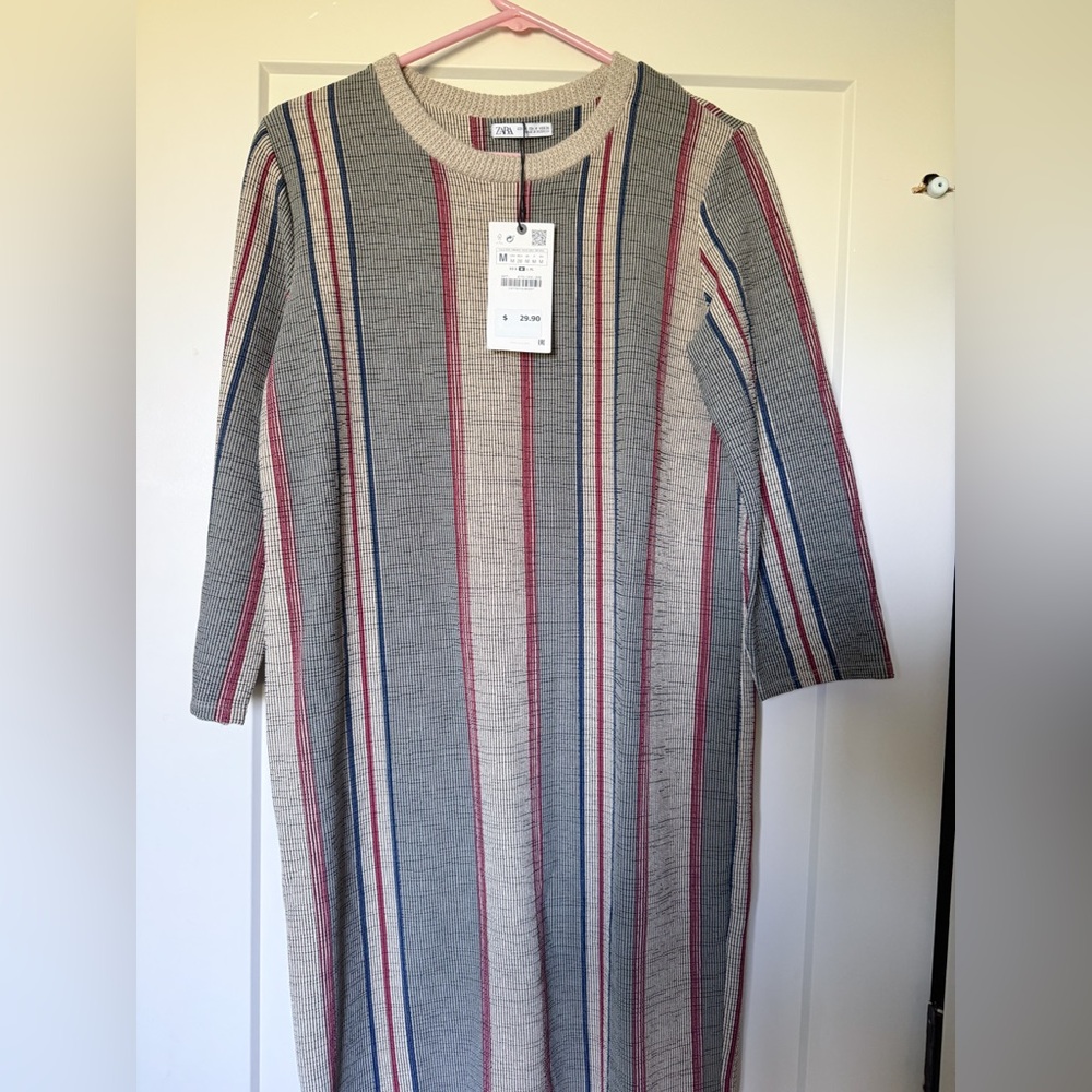 Zara Beige and Blue Striped Knit Dress
